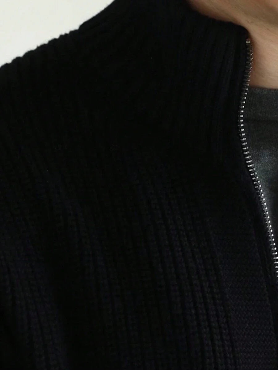 Lång herrcardigan med dragkedja och hög krage