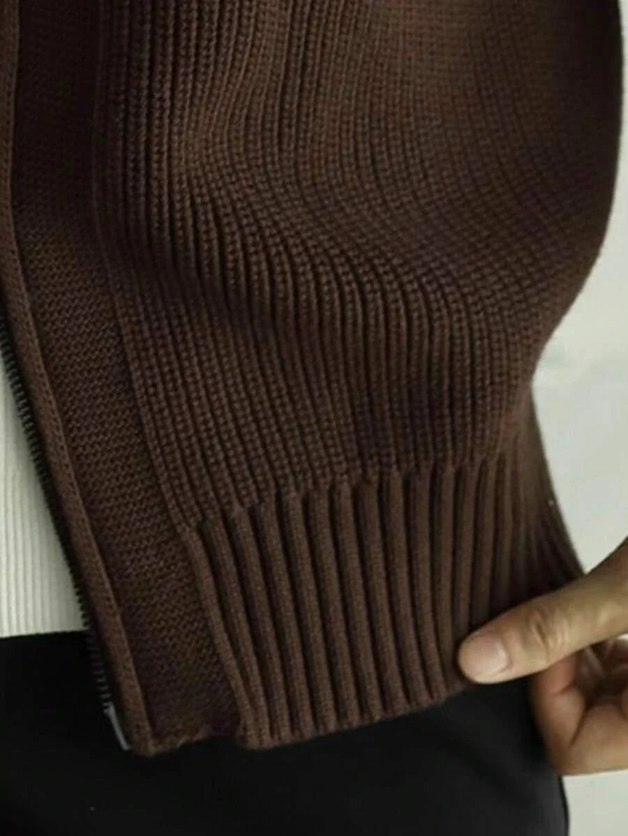 Lång herrcardigan med dragkedja och hög krage