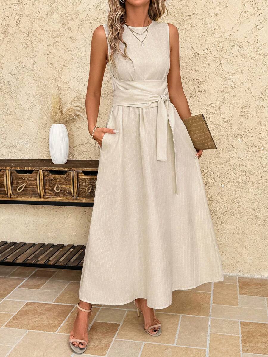 Kakifärgad Randig Midiklänning