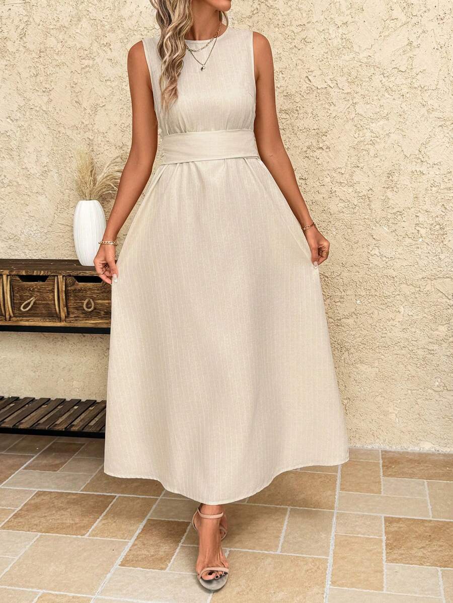 Kakifärgad Randig Midiklänning