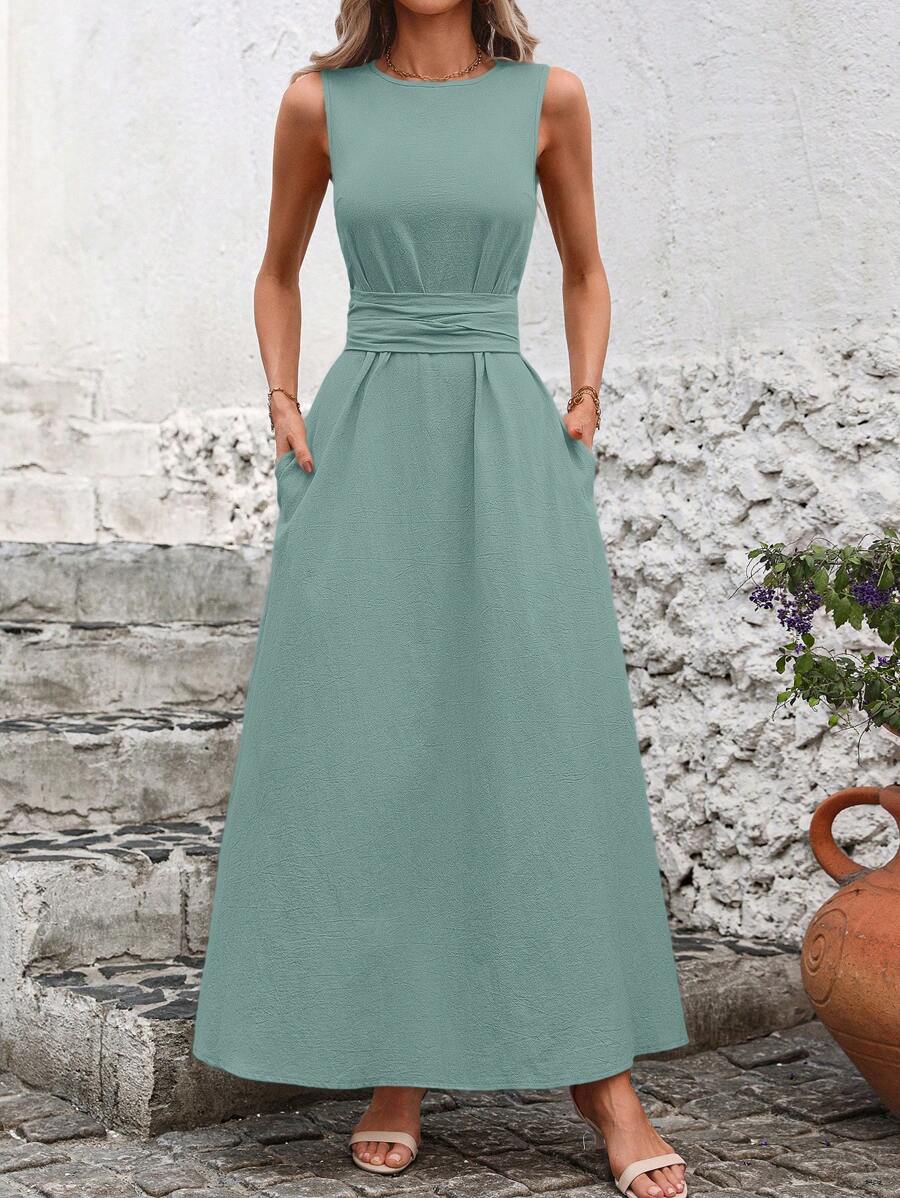 Kakifärgad Randig Midiklänning