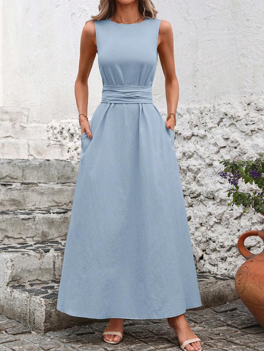 Kakifärgad Randig Midiklänning