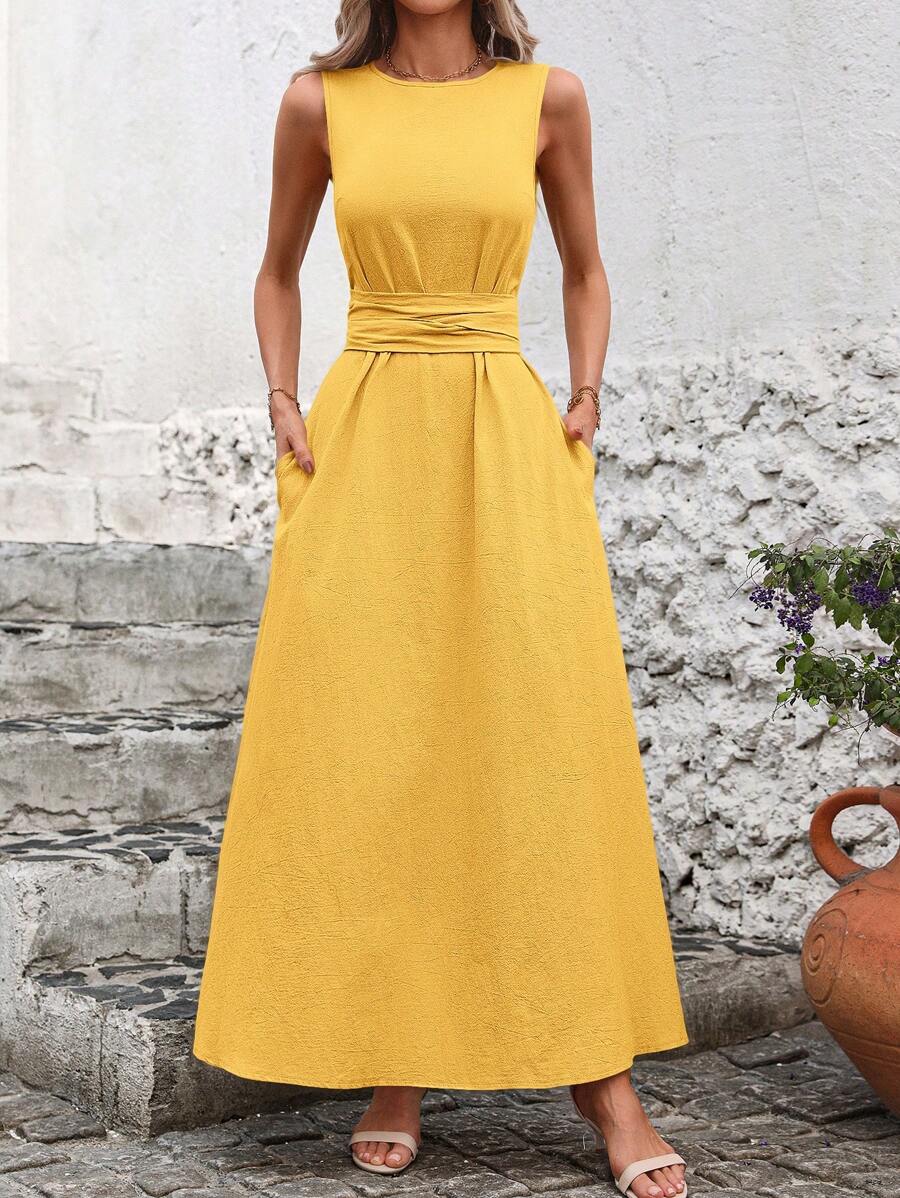 Kakifärgad Randig Midiklänning