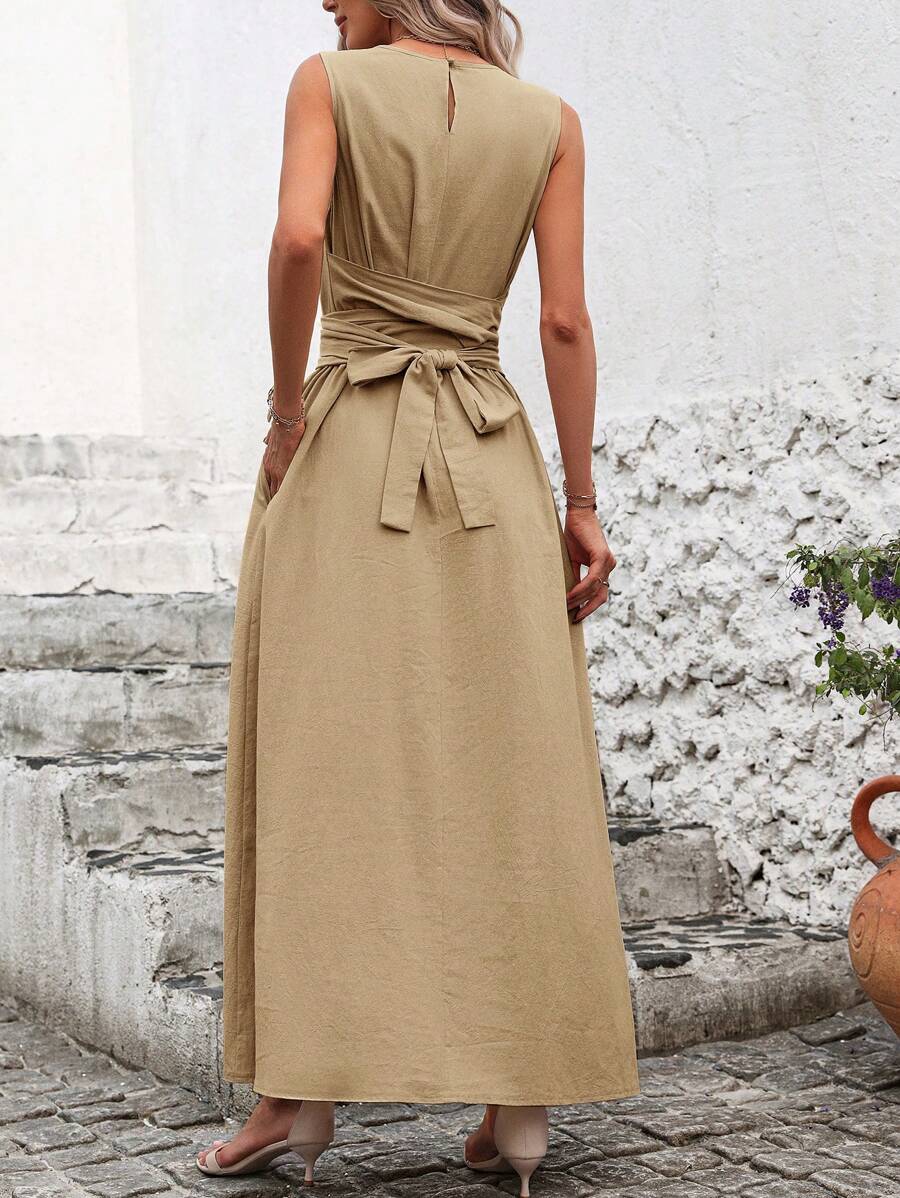 Kakifärgad Randig Midiklänning