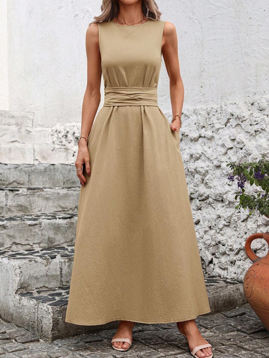 Kakifärgad Randig Midiklänning