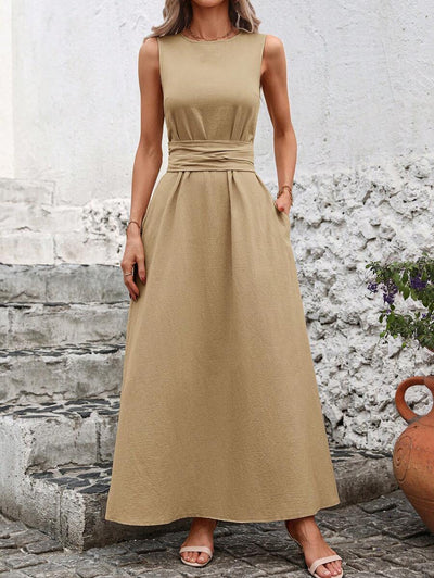 Kakifärgad Randig Midiklänning