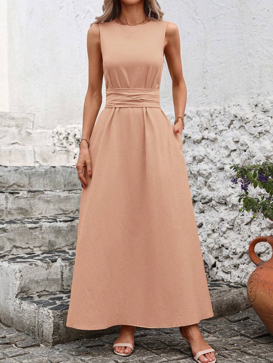 Kakifärgad Randig Midiklänning