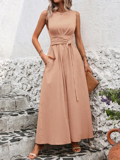 Kakifärgad Randig Midiklänning