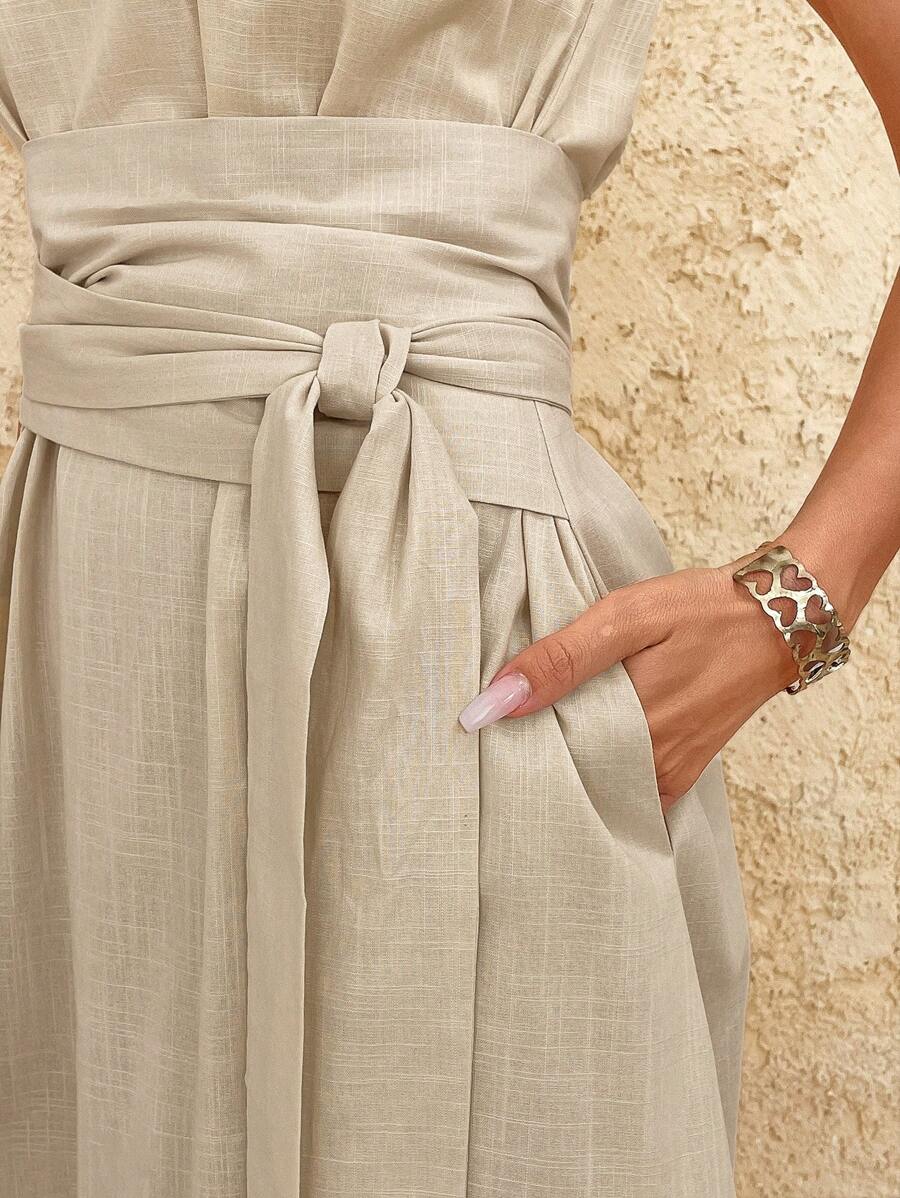 Kakifärgad Randig Midiklänning