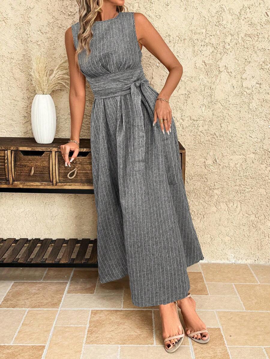 Kakifärgad Randig Midiklänning