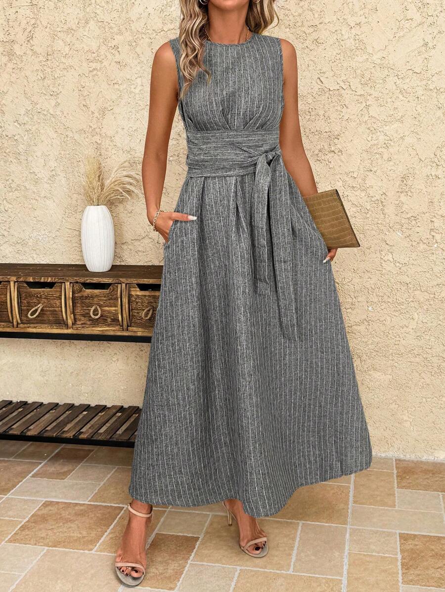 Kakifärgad Randig Midiklänning