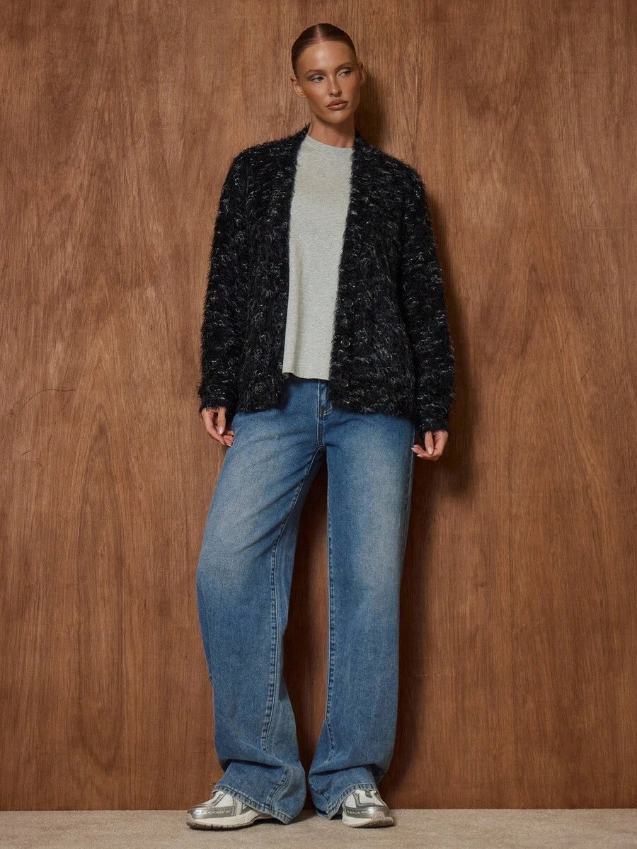 Oversized texturerad cardigan med ränder