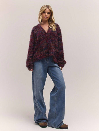 Oversized texturerad cardigan med ränder