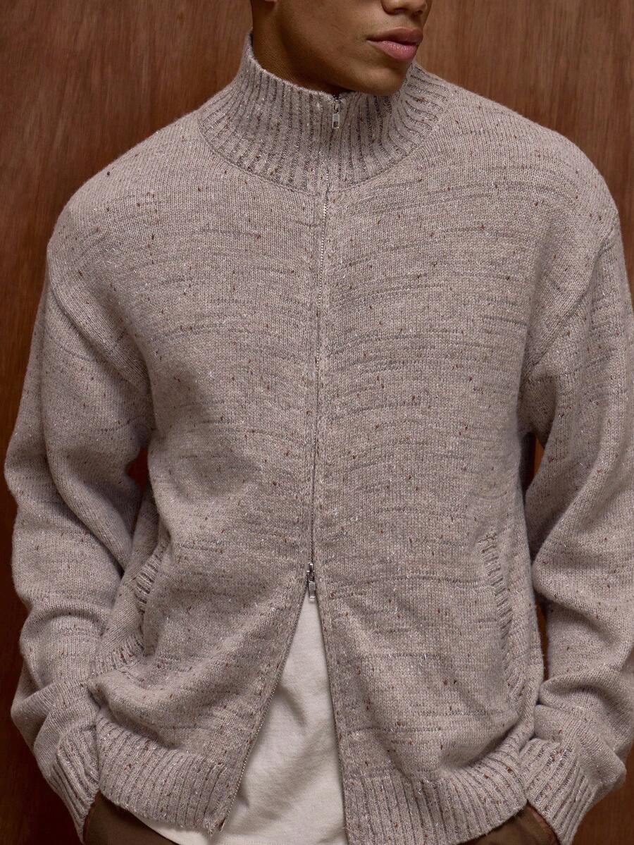 Zippad cardigan med ståkrage och prickmönster